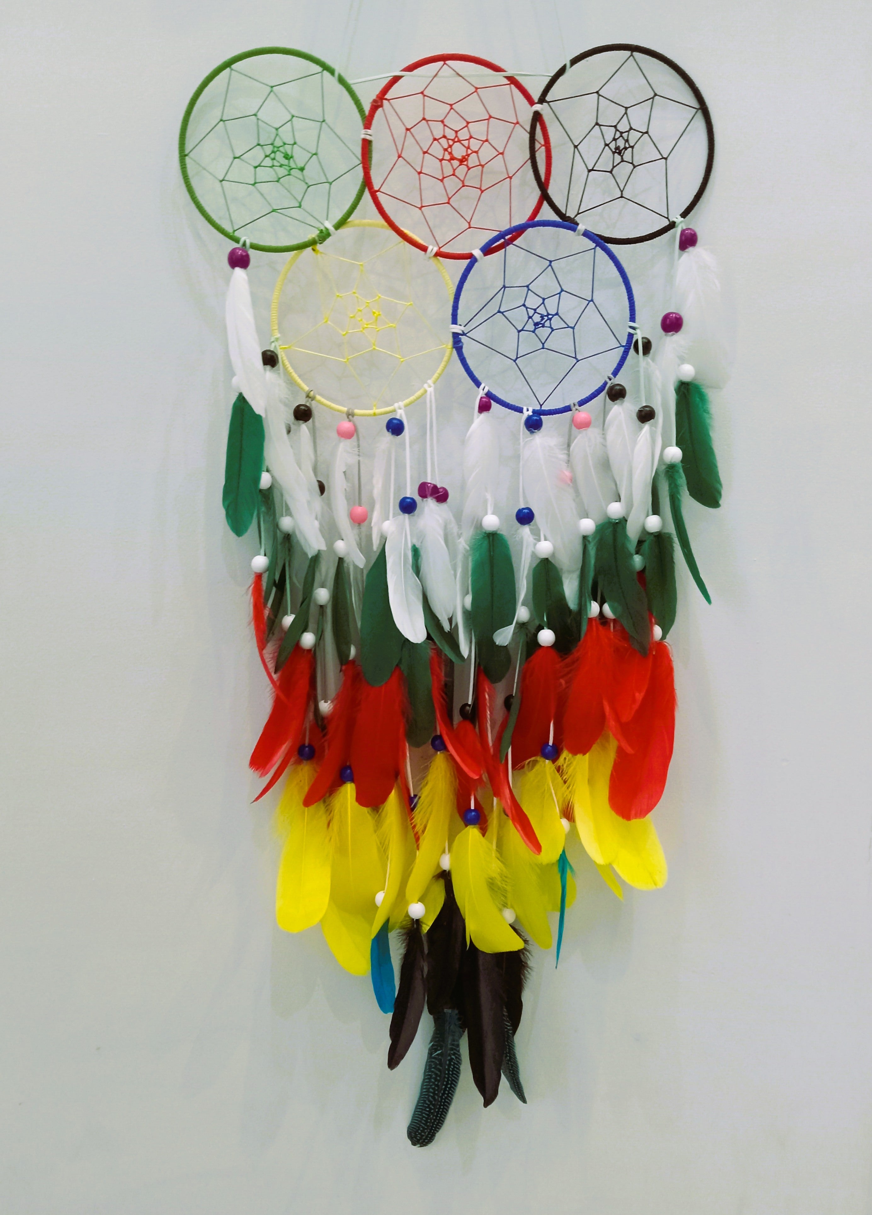Elaborate Five-Hoop Dream Catcher - Interwoven Multicolor Design