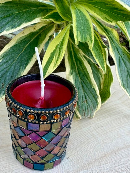 Handcrafted Burgundy Red Candle - Multicolored Metallic Holder