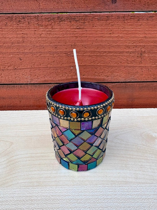 Handcrafted Burgundy Red Candle - Multicolored Metallic Holder