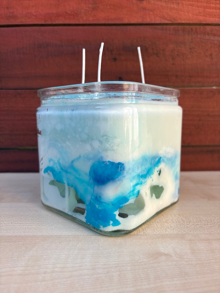 Handcrafted Caribbean Sea Candle - White & Sky Blue with Unique Patterns