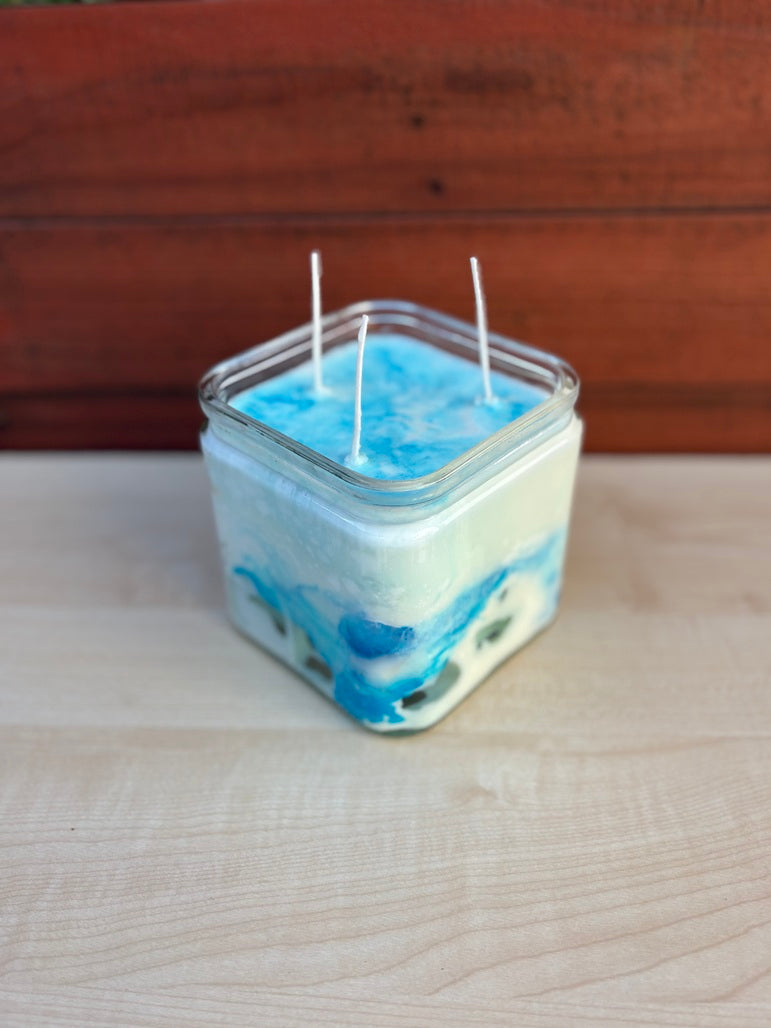 Handcrafted Caribbean Sea Candle - White & Sky Blue with Unique Patterns