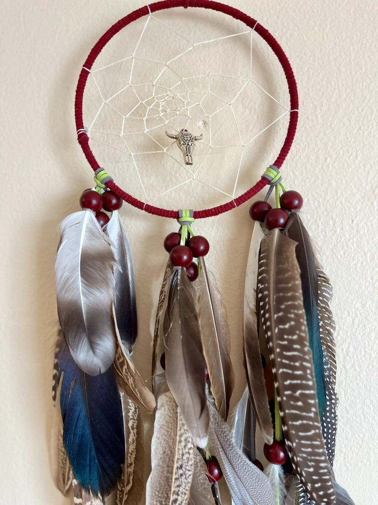 Large Handcrafted Dream Catcher - Burgundy & Natural Feathers with Bison Charm