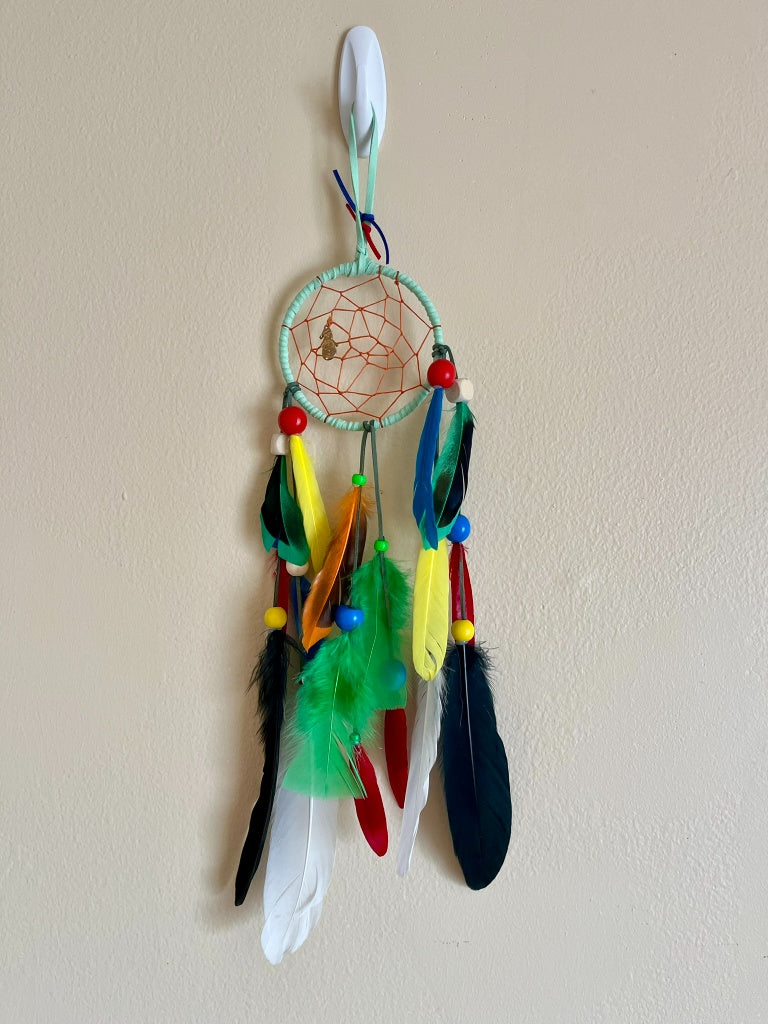 Handcrafted Teal Dream Catcher - Multicolored Beads & Feathers