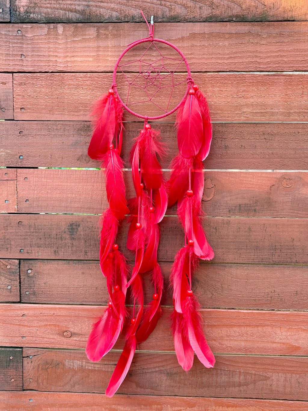 Handcrafted Rich Red Dreamcatcher - Luxurious Silk Feathers