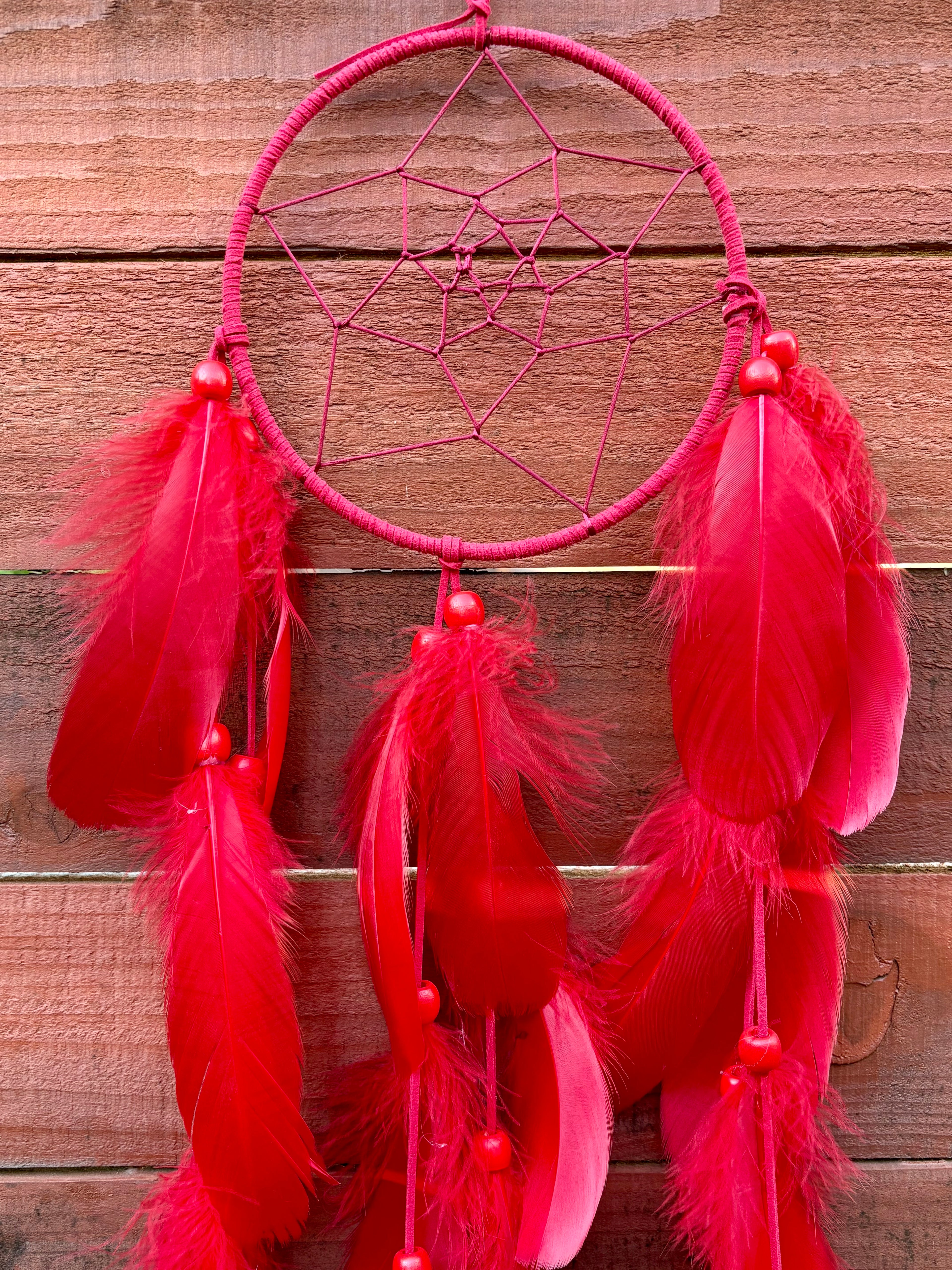 Handcrafted Rich Red Dreamcatcher - Luxurious Silk Feathers