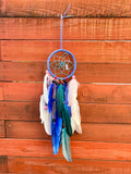 Handcrafted Blue Dream Catcher - Turquoise & Baby Pink Feathers with Iridescent Charm
