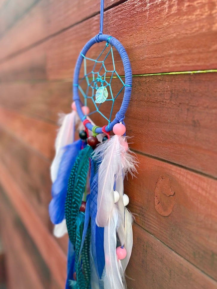 Handcrafted Blue Dream Catcher - Turquoise & Baby Pink Feathers with Iridescent Charm