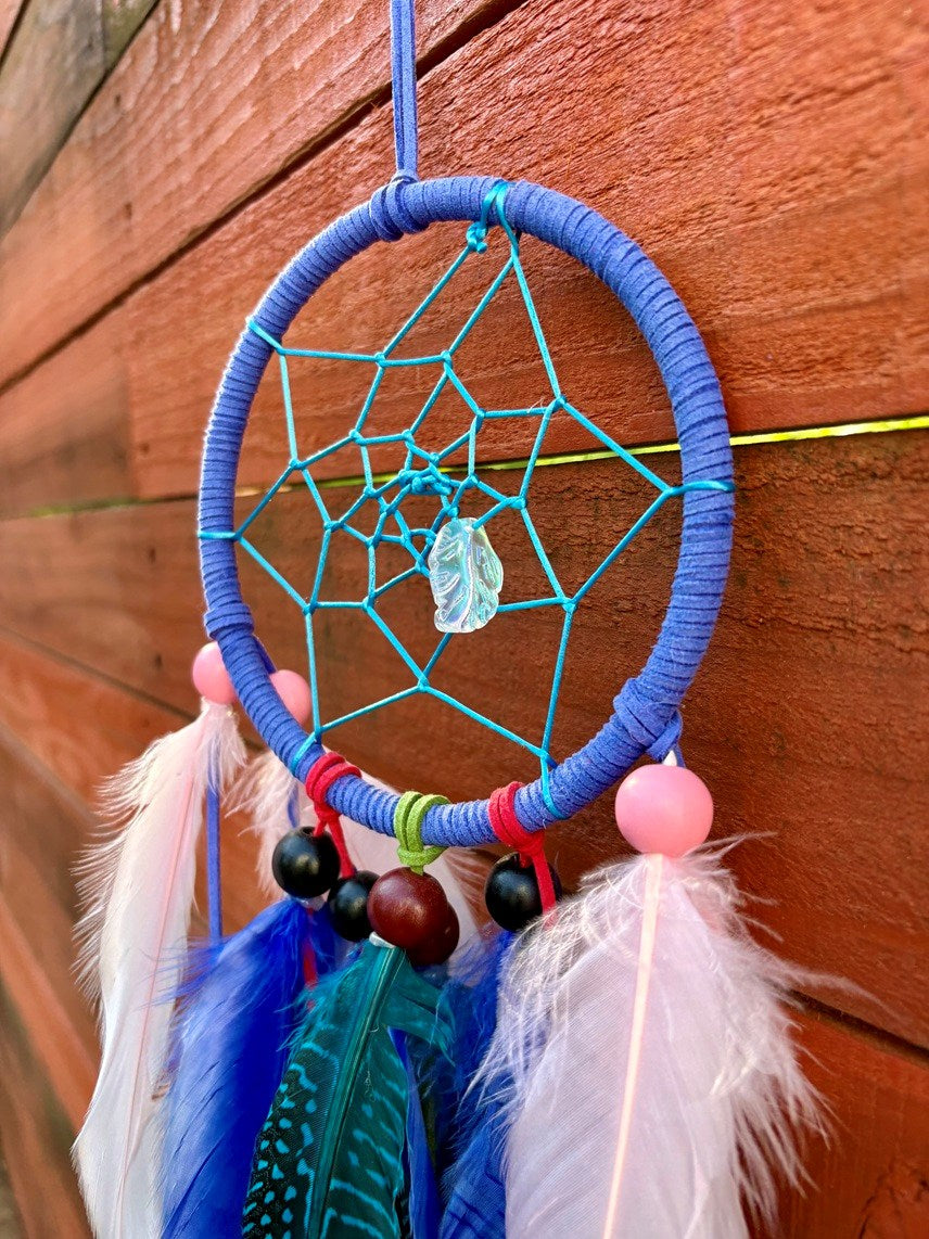Handcrafted Blue Dream Catcher - Turquoise & Baby Pink Feathers with Iridescent Charm
