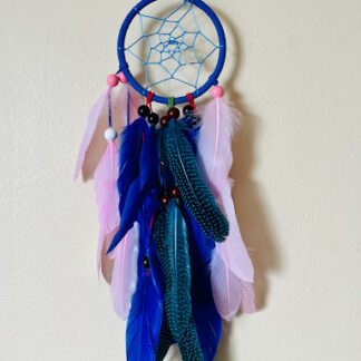 Eclectic Blue Dream Catcher with Mixed Feather & Bead Accents