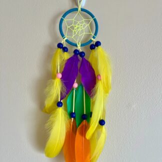 Rainbow Bright Dream Catcher with Vivid Feathers & Neon Web