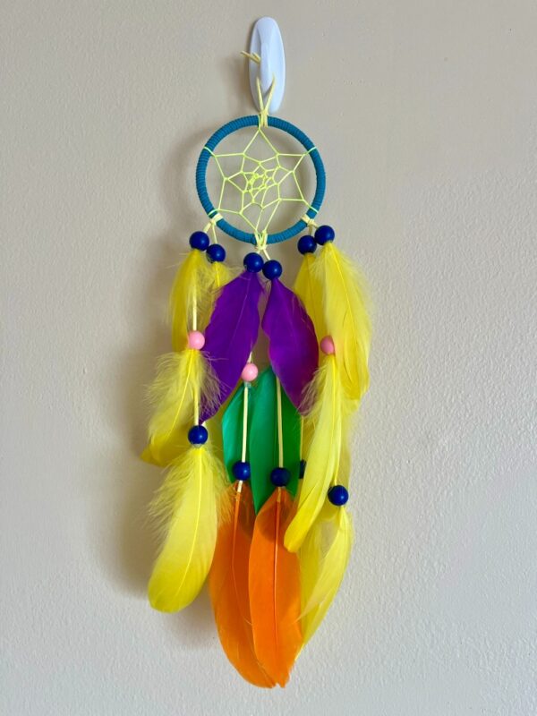 Rainbow Bright Dream Catcher with Vivid Feathers & Neon Web